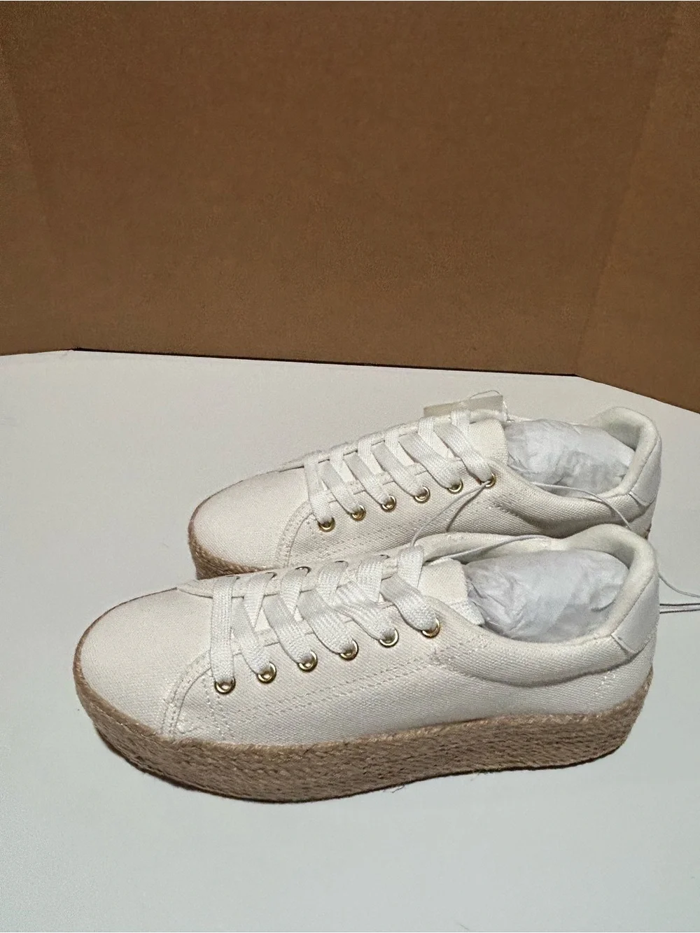 White Canvas Espadrille Platform Sneakers - Women's Casual Lace-Up